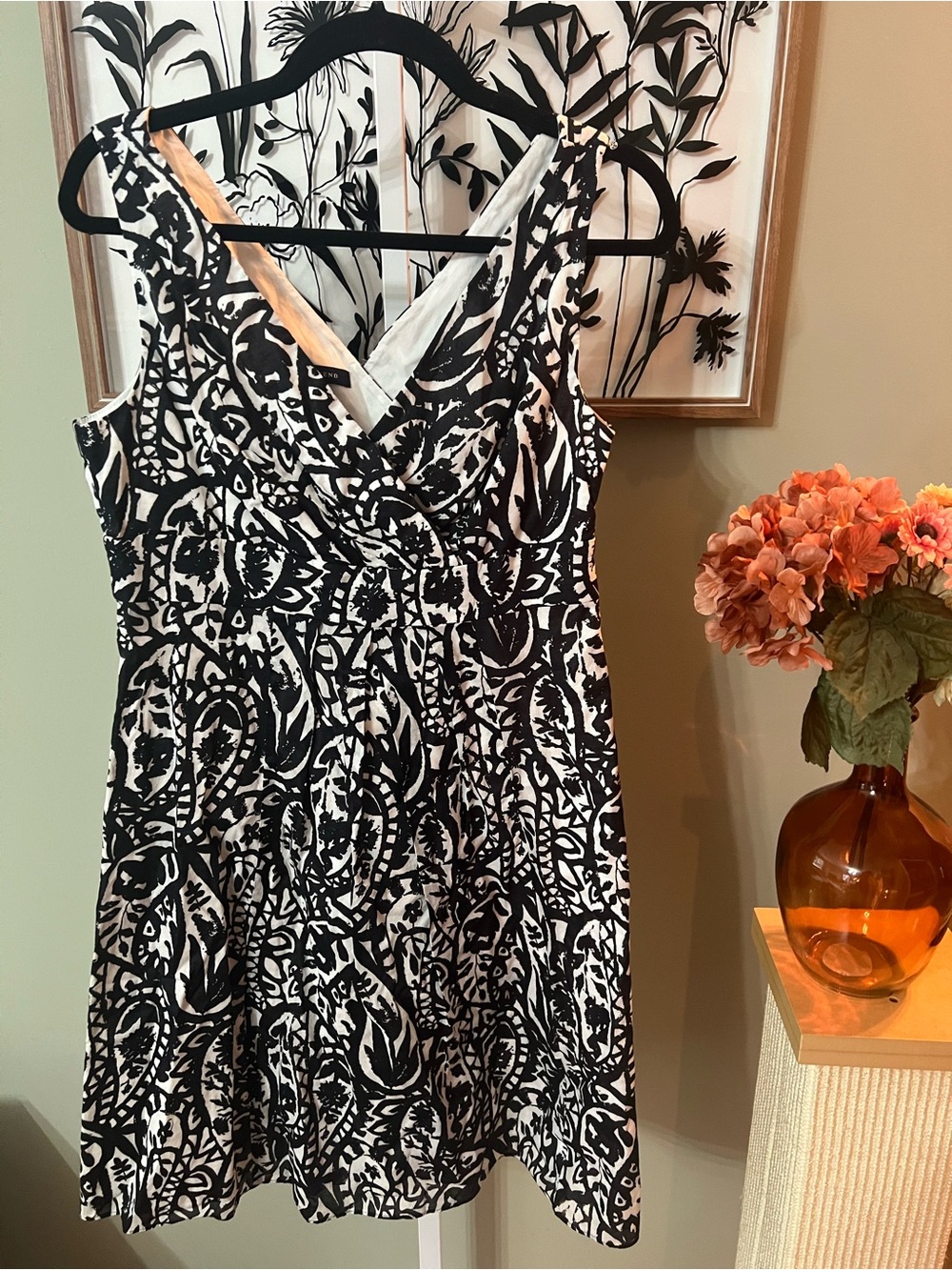 Lands’ End Black White Surplice Wrap Neckline A-Line Lined Cotton Dress Size 8